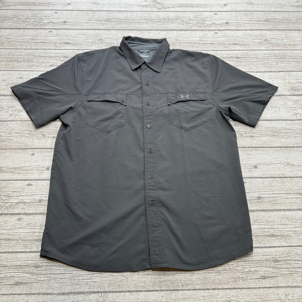 Under Armour Shirt Men's Large Gray Short Sleeve Tactical Button Down Athleisure